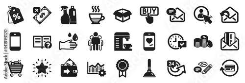 Set of simple icons, such as Help, User, Shopping cart icons. Rubber gloves, Rank star, Refund commission signs. Discount tags, Rejected payment, Banking money. Plunger, Select alarm. Vector