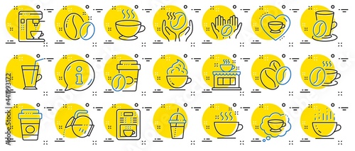 Coffee line icons. Beans, hot cocktail and coffee maker machine. Espresso cup, cappuccino with whipped cream line icons. Latte vending machine, breakfast drink and roasted beans. Vector