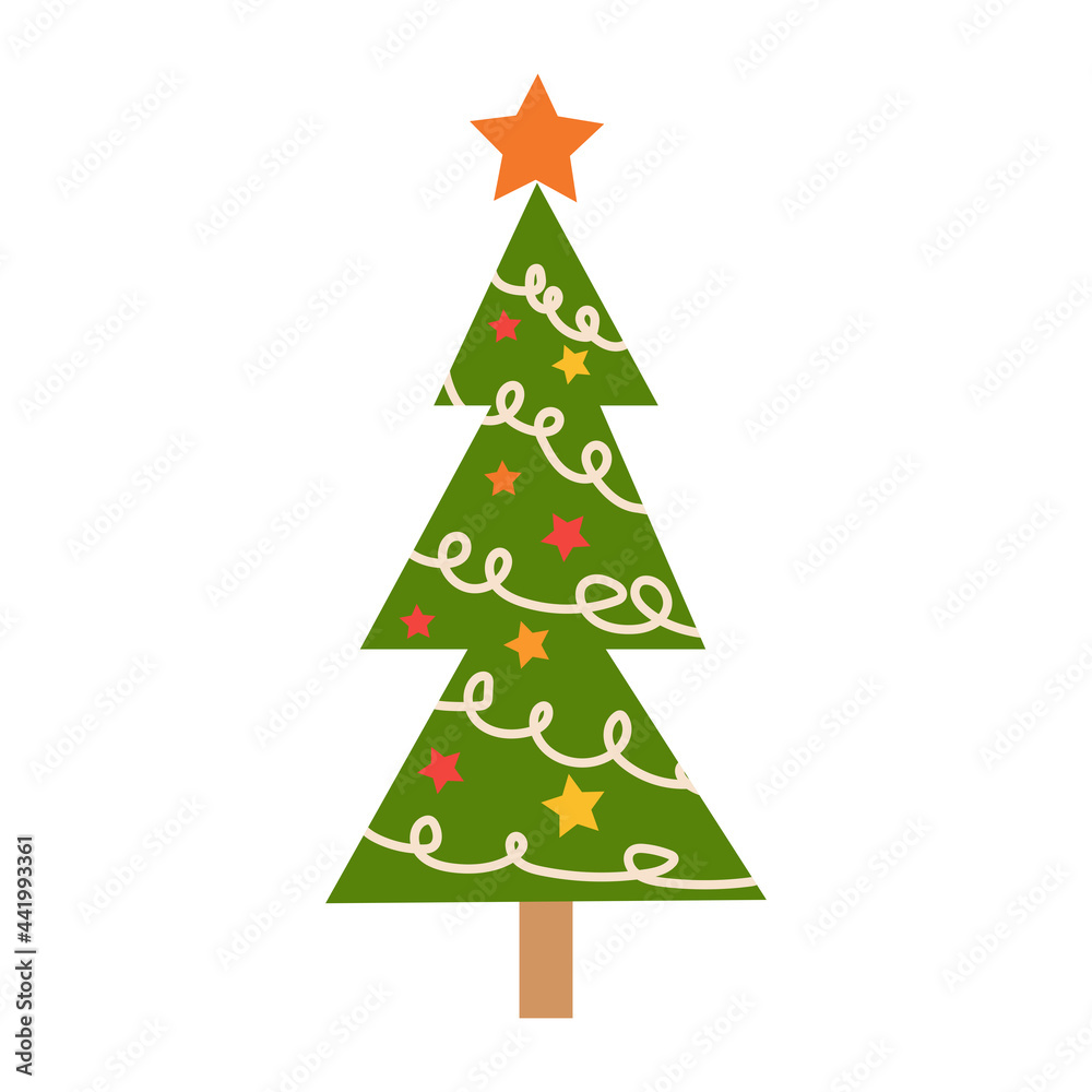 Hand drawing fir tree, Christmas ornaments, stars and snowflakes. Holiday poster with Christmas symbols.