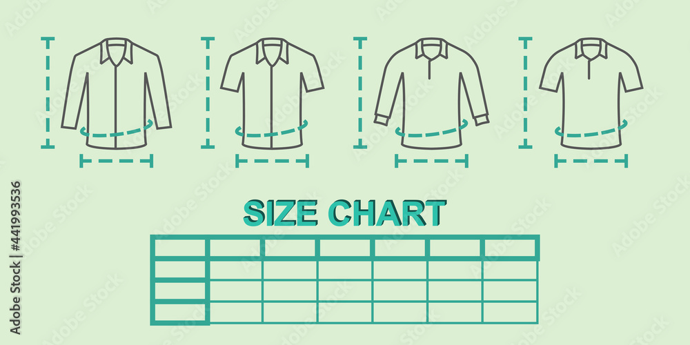 Vecteur Stock Size chart for men's and women's casual tops, short