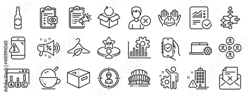 Set of Business icons  such as Eye checklist  Headhunting  Video conference icons. Megaphone checklist  Building warning  Remove account signs. Notebook service  Seo graph  Builders union. Vector