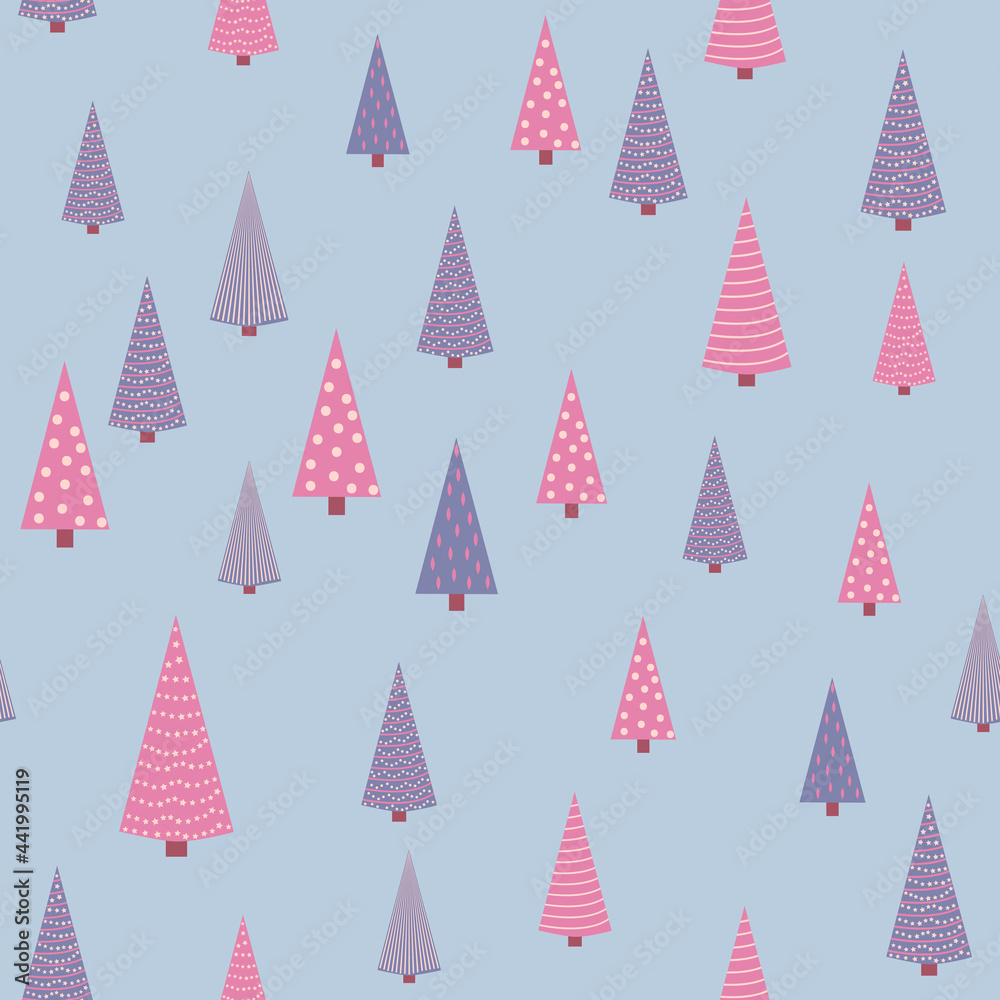Seamless repeating pattern with textured Christmas trees in black, pastel pink, light blue