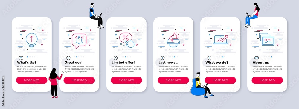 Naklejka premium Vector Set of Technology icons related to Notification bubble, Sales diagram and Megaphone icons. UI phone app screens with teamwork. Discount button, Swipe up and Photo album line symbols. Vector