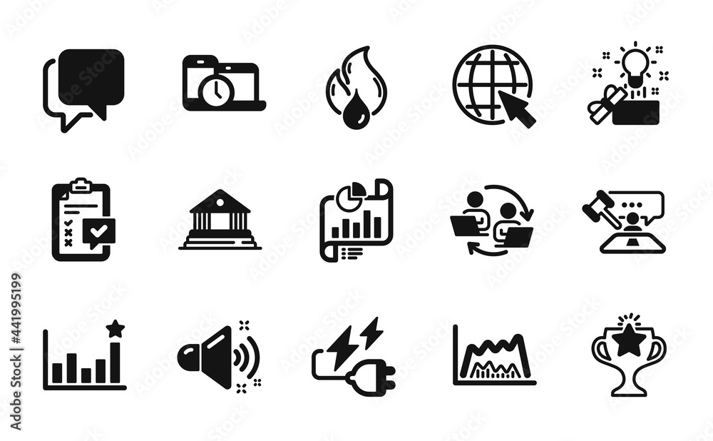 Vector set of Internet, Creative idea and Trade chart icons simple set. Victory, Loud sound and Judge hammer icons. Report document, Talk bubble and Flammable fuel signs. Vector Vector set of Internet, Creative idea and Trade chart icons simple set. Victory, Loud sound and Judge hammer icons. Report document, Talk bubble and Flammable fuel signs. Vector