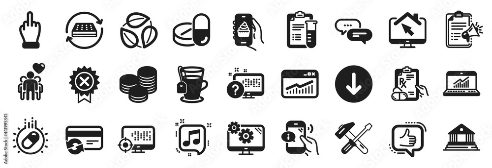 Set of Business icons, such as Medical drugs, Mattress, Scroll down icons. Settings, Hammer tool, Middle finger signs. Musical note, Dots message, Tea. Work home, Food app, Capsule pill. Vector