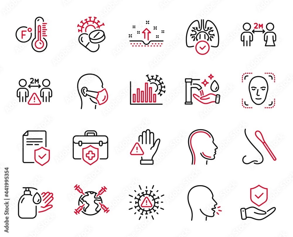 Fototapeta Vector Set of Medical icons related to Washing hands, Social distancing and Cough icons. Nasal test, Medical insurance and World vaccination signs. Washing hands web symbol. Vector