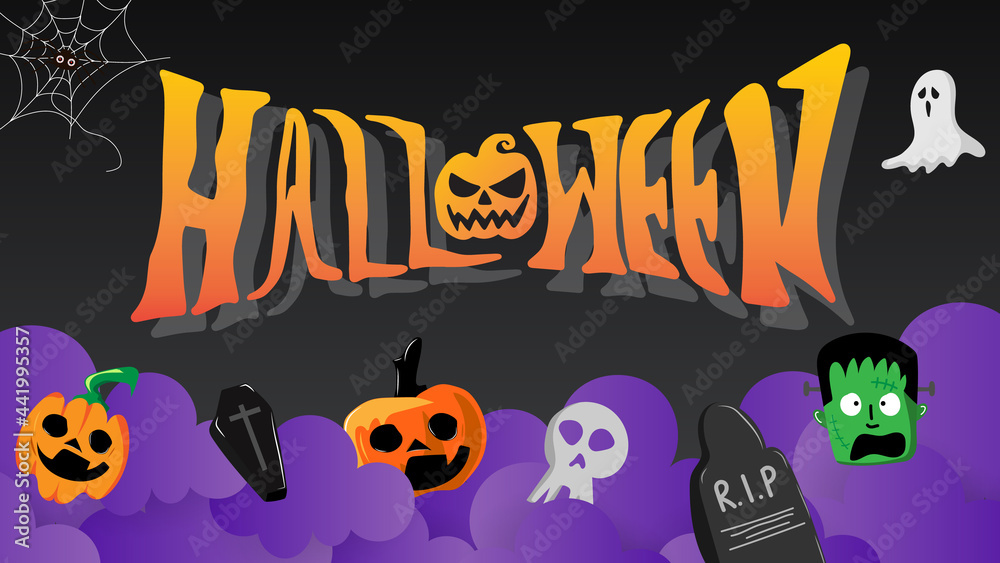 Halloween handwritten with character design and could in Halloween day , isolated on black background , vector illustration EPS 10