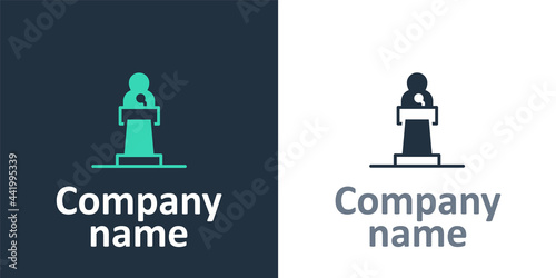 Logotype Speaker icon isolated on white background. Orator speaking from tribune. Public speech. Person on podium. Logo design template element. Vector