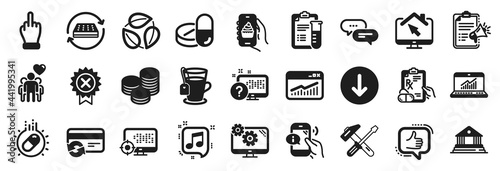 Set of Business icons, such as Medical drugs, Mattress, Scroll down icons. Settings, Hammer tool, Middle finger signs. Musical note, Dots message, Tea. Work home, Food app, Capsule pill. Vector