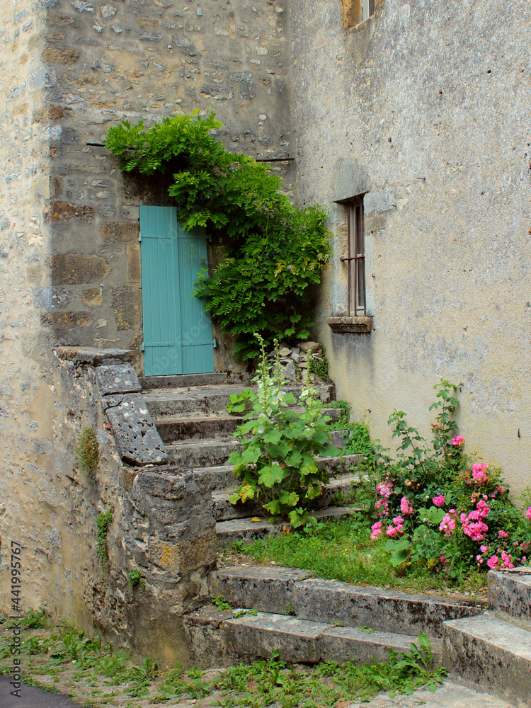 Fresh green plants and flowers around rustic old doors of charming country-style grey stone medieval houses in Vezelay village, Burgundy, France, a popular European tourist destination.