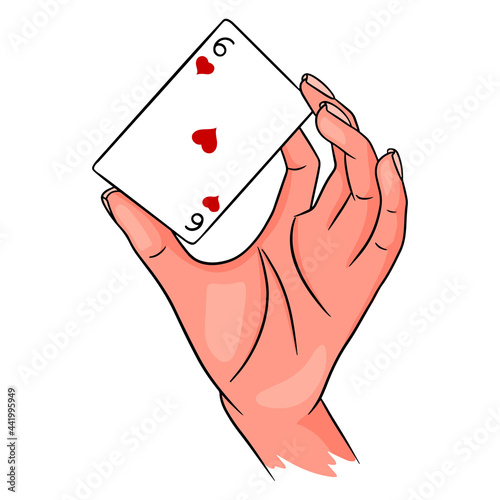 Gambling. Playing card in hand. Casino, luck, fortuna. Six of worms.