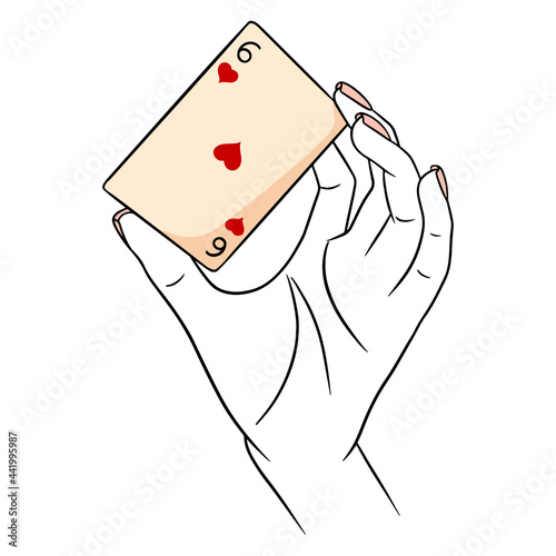 Gambling. Playing card in hand. Casino, luck, fortuna. Six of worms.