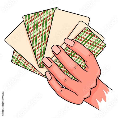 Gambling. Playing cards in hand. Casino, luck, fortuna. Six cards face down.
