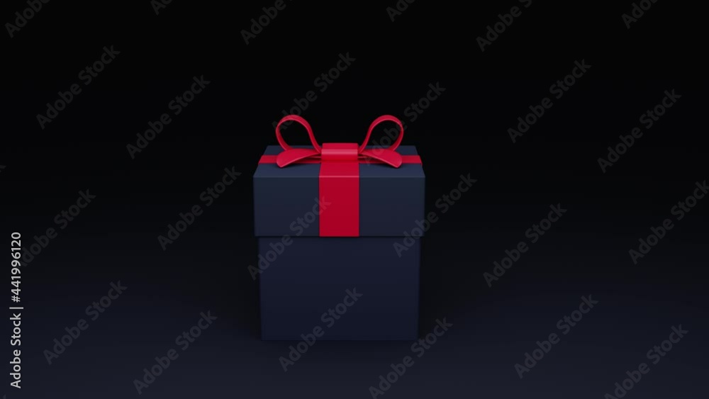 Blue gift box with red bow falls on black background. 3D render. Man's present for Father's Day. Anniversary, happy birthday, Valentine's Day, Merry Christmas. Wedding presents.