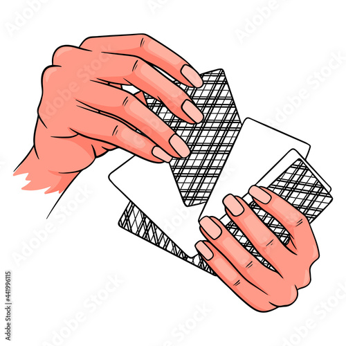 Gambling. Playing cards in hands. Casino, luck, fortuna. Six cards face down.