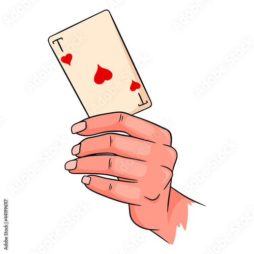 Gambling. Playing card in hand. Casino, luck, fortuna. Ace of hearts.