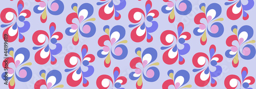 Seamless pastel pattern. Wrapping paper pattern. Template for fabric. Stylish background for cards. Red, blue, pink, purple, white. Textile design. Fashionable color combinations. Vector. Backdrop.