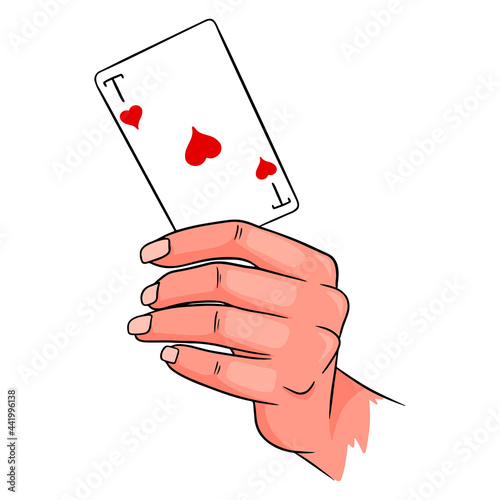 Gambling. Playing card in hand. Casino, luck, fortuna. Ace of hearts.