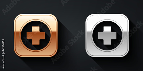 Gold and silver Hospital signboard icon isolated on black background. Long shadow style. Vector