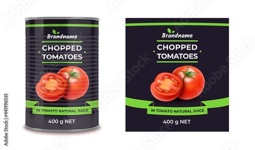 Realistic Detailed 3d Canned Tomatoes Can and Label Set. Vector