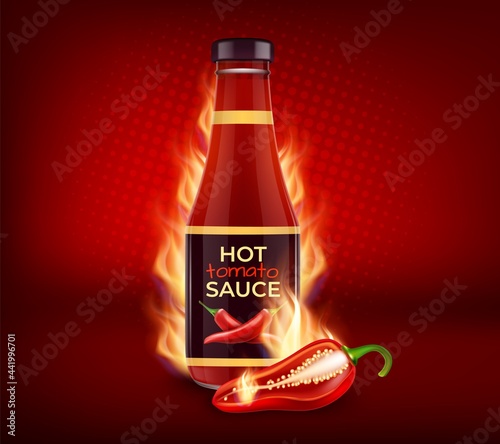 Realistic Detailed 3d Red Tomato Ketchup Sauce Bottle and Burning Chili Pepper in Fire on a Red Background. Vector