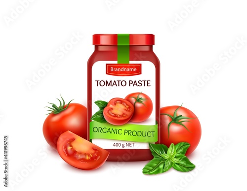 Realistic Detailed 3d Natural Tomatoes Paste with Ripe Red Tomato Slices, Whole and Green Basil Leaves. Vector photo