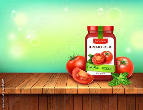 Realistic Detailed 3d Natural Tomatoes Paste with Red Tomato and Basil Leaves. Vector