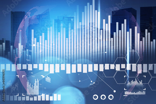 Panoramic view of Singapore financial city center. Financial bar charts and digital interface on foreground with globe hologram. Concept of Asian stock markets © ImageFlow