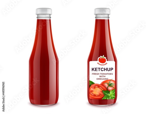 Realistic Detailed 3d Red Tomato Ketchup Bottle Set. Vector