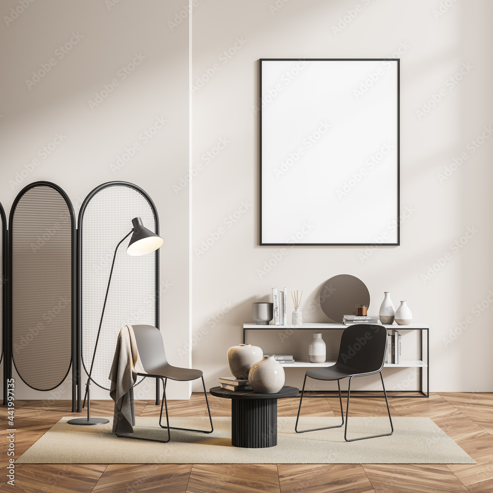 Room interior with empty mockup poster, devider and chairs, beige Room interior with empty mockup poster, devider and chairs, beige