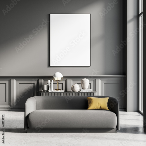 Banner with sofa in living room, dark grey