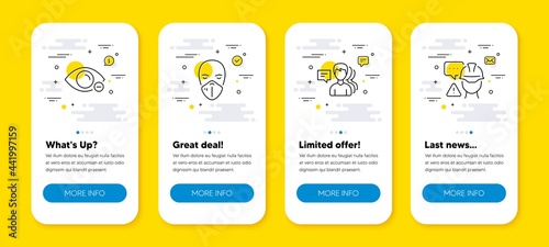 Vector set of Myopia, Medical mask and People line icons set. UI phone app screens with line icons. Builder warning icon. Eye vision, Respirator, Support job. Construction inspector. Vector