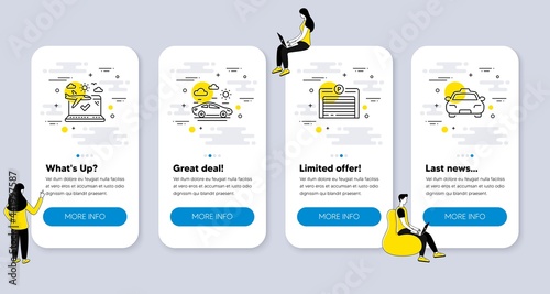 Set of Transportation icons, such as Parking garage, Car travel, Airplane travel icons. UI phone app screens with people. Taxi line symbols. Automatic door, Transport, Check in. Vector