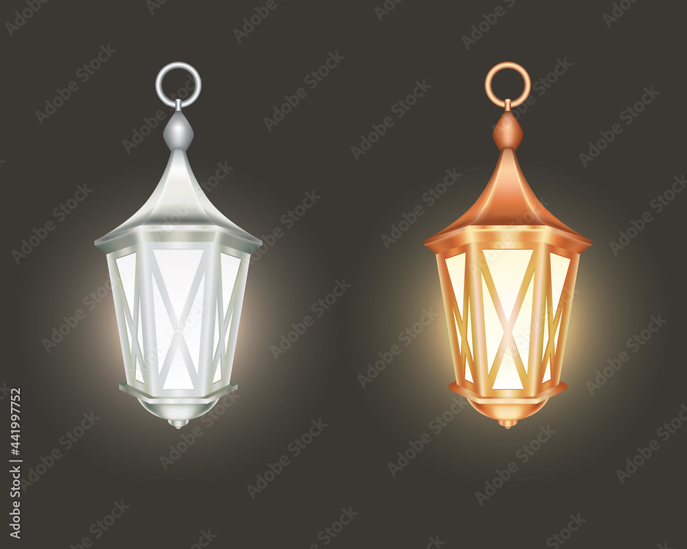 Vector isolated illustration realistic hanging steel and cooper lanterns on dark background