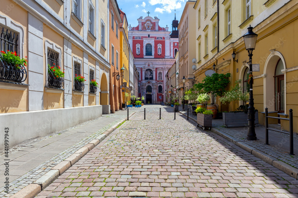 Poznan. Narrow old street with famous medieval houses.