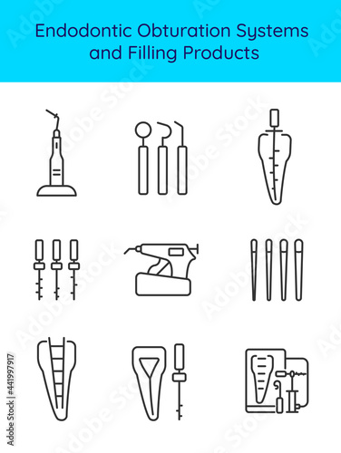 Endodontic Obturation Systems and Filling Products icon set . Root canal treatment. Endodontist dentist equipment and tools. Vector illustration. Editable stroke photo