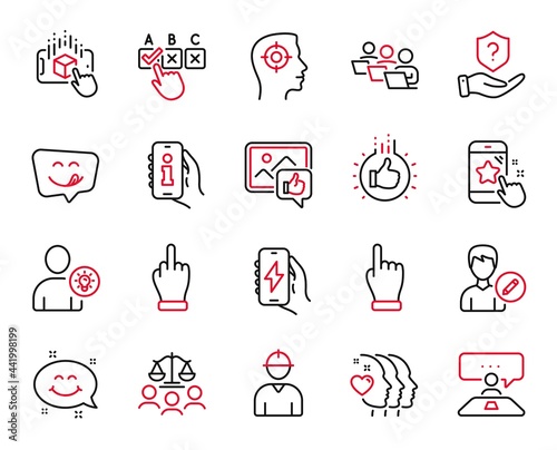 Vector Set of People icons related to Like photo  Interview job and Star rating icons. Charging app  Recruitment and Protection shield signs. Like hand  Correct checkbox and Click hand. Vector