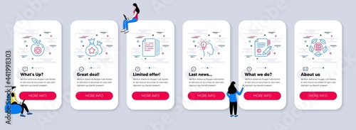 Set of Business icons, such as Copy documents, Loyalty points, Idea icons. UI phone app screens with teamwork. Medical food, Copywriting, Eco organic line symbols. Vector