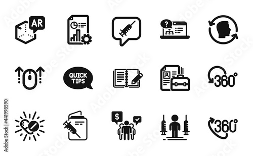 Vector set of Online help, Vacancy and Coronavirus injections icons simple set. Vaccine message, Report and 360 degree icons. Augmented reality, Medical drugs and Vaccination passport signs. Vector