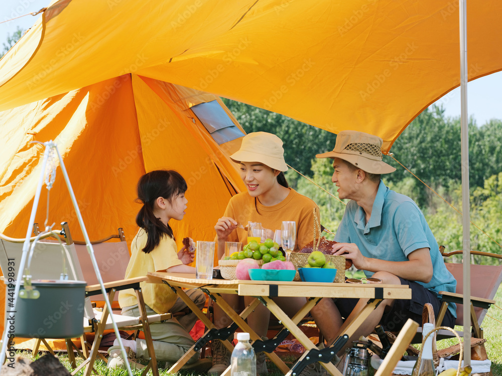 Fototapeta premium A happy family of three having a picnic outdoors
