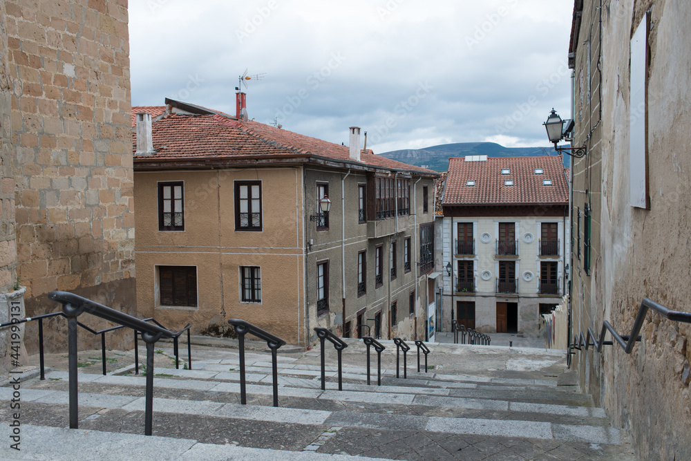 Fototapeta premium View of stairs and buldings from Church of Santa Cruz. Medina de Pomar, Burgos, Merindades, Spain, Europe