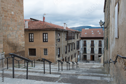 View of stairs and buldings from Church of Santa Cruz. Medina de Pomar, Burgos, Merindades, Spain, Europe