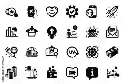 Vector Set of Business icons related to Seo gear, Hold heart and Decreasing graph icons. Leadership, Smile chat and Dog vaccination signs. Gift, Usd currency and Sports stadium. Get box. Vector