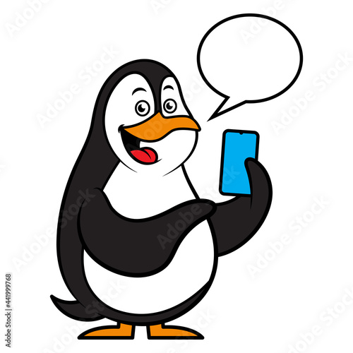 Cartoon illustration of Penguin pointing hand to a smartphone with bubble chat, suitable for mascot or logo for smartphone application