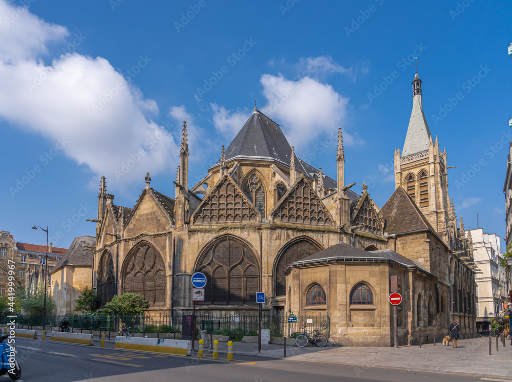 Paris, France - 05 02 2021: View of facade of Saint-Severin Church from Saint-Jacques street