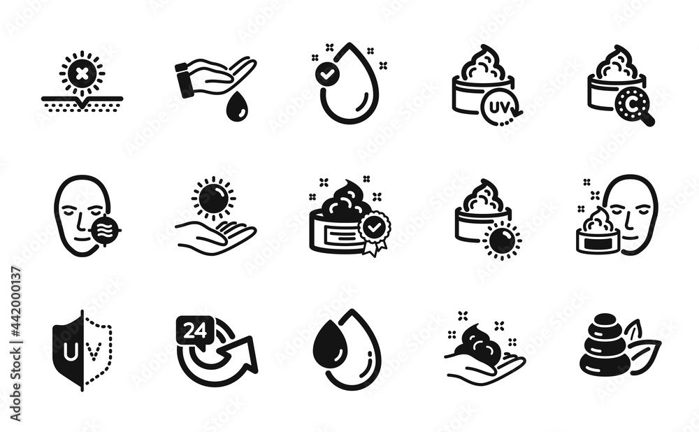 Vector set of Sun cream, Skin care and Uv protection icons simple set. Problem skin, Wash hands and 24 hours icons. Uv protect, Face cream and Spa stones signs. Sun cream simple web symbol. Vector Vector set of Sun cream, Skin care and Uv protection icons simple set. Problem skin, Wash hands and 24 hours icons. Uv protect, Face cream and Spa stones signs. Sun cream simple web symbol. Vector