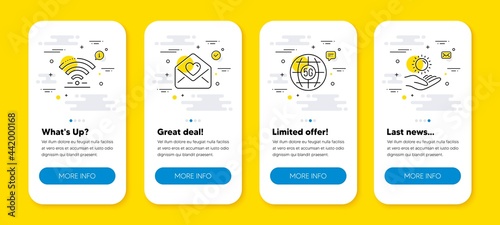 Vector set of Wifi, Love letter and 5g internet line icons set. UI phone app screens with line icons. Sun protection icon. Wireless internet, Heart, Wifi communication. Ultraviolet care. Vector