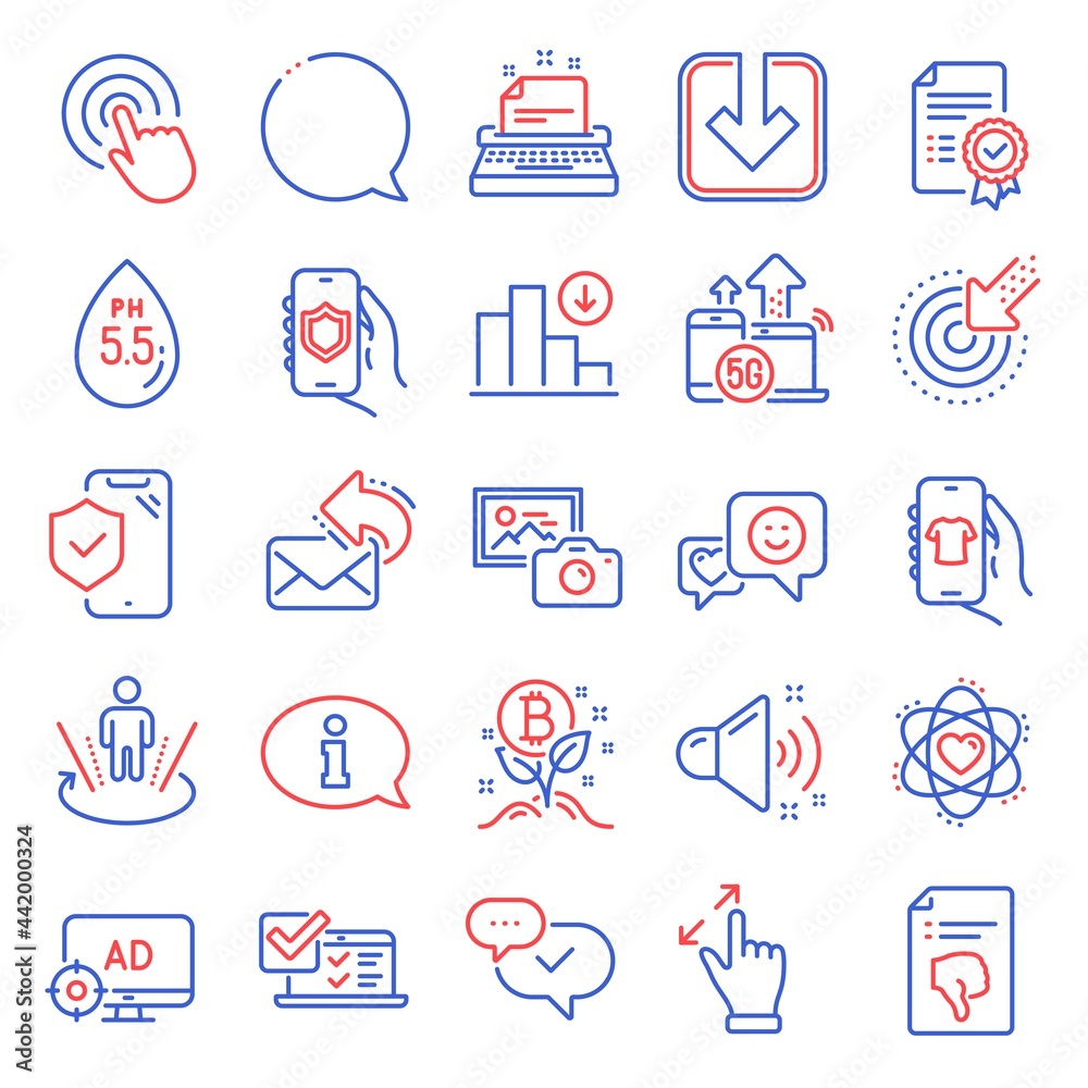 Technology icons set. Included icon as Certificate, Touchscreen gesture, Thumb down signs. Loud sound, Atom, Ph neutral symbols. Smile, Speech bubble, Click. Decreasing graph, Approved. Vector Technology icons set. Included icon as Certificate, Touchscreen gesture, Thumb down signs. Loud sound, Atom, Ph neutral symbols. Smile, Speech bubble, Click. Decreasing graph, Approved. Vector