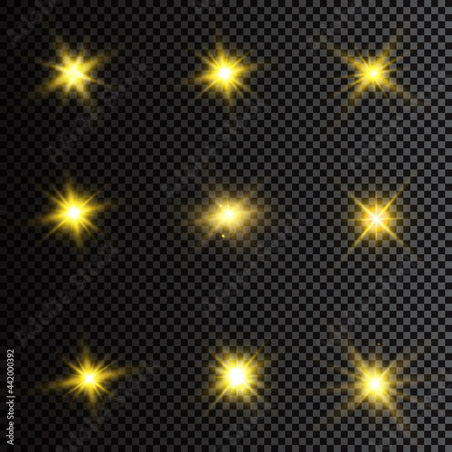 Vector illustration of abstract flare light rays. A set of stars, light and radiance, rays and brightness. 