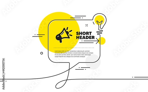 Megaphone icon. Continuous line idea chat bubble banner. Advertisement device symbol. Brand ambassador sign. Megaphone icon in chat message. Talk comment light bulb background. Vector